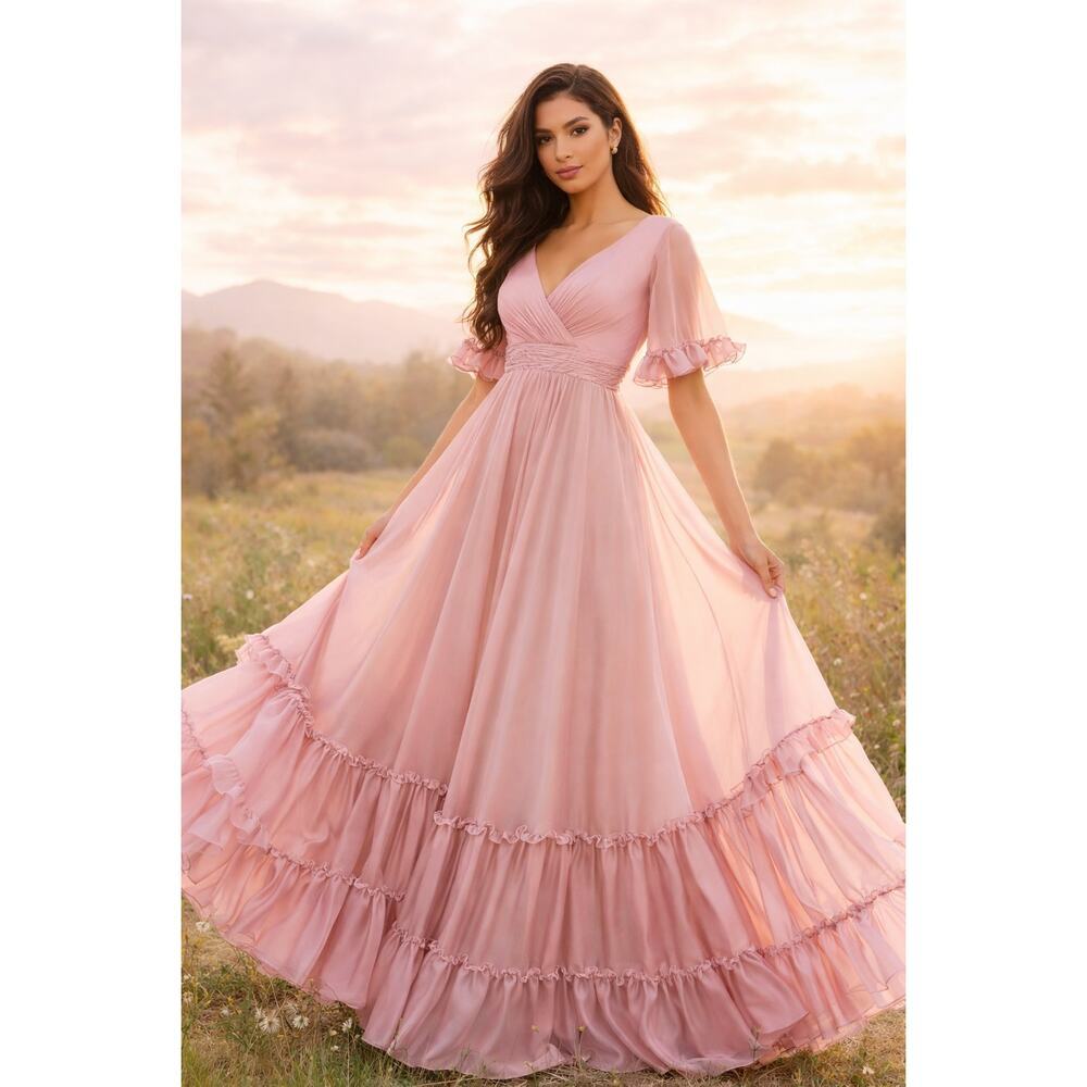 NEW Mac Duggal Pink Butterfly Ruffle Trimmed Sleeve Wrap Over Flowy Gown 12